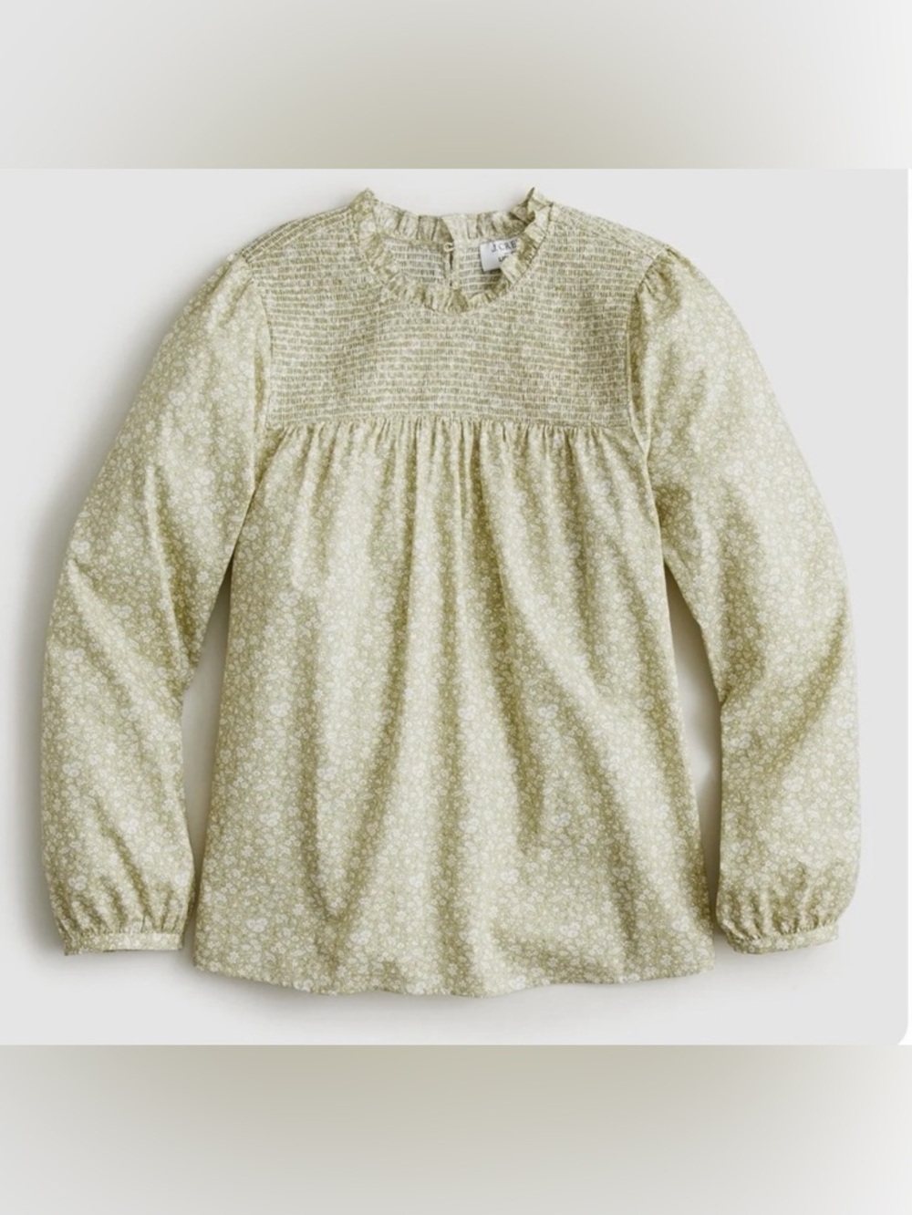 J. CREW Liberty Floral Organic Cotton Top Size Small Green smocked button-back